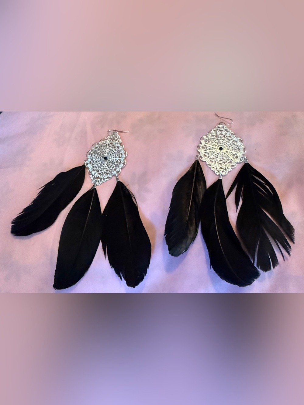 Black Feather Filigree Drop Earrings - Women Jewelry